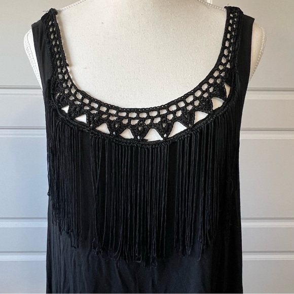 Black Fringe Dress Crochet Neckline Sleeveless Casual Summer Dress - Picture 2 of 6